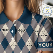 Load image into Gallery viewer, Blue Argyle Plaid Pattern Womens Golf Polo Shirts Custom Golf Attire For Ladies, Team Golf Shirt NBT636