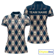 Load image into Gallery viewer, Blue Argyle Plaid Pattern Womens Golf Polo Shirts Custom Golf Attire For Ladies, Team Golf Shirt NBT636