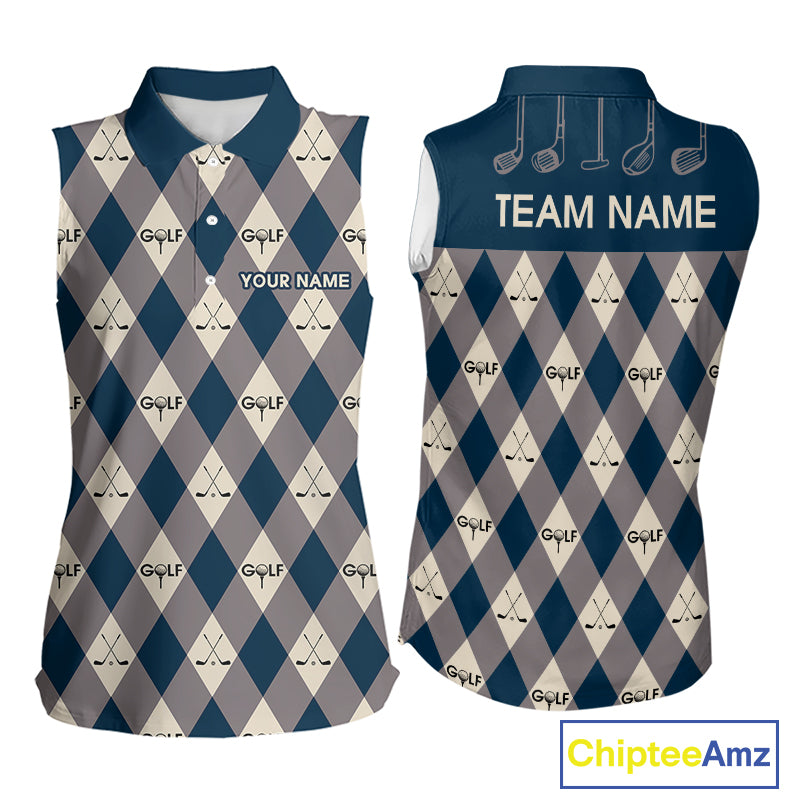 Blue Argyle Plaid Pattern Womens Sleeveless Golf Polo Shirts Custom Golf Attire For Ladies, Team Golf Shirt NBT636