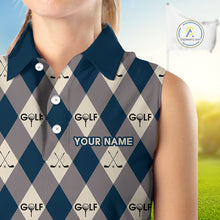 Load image into Gallery viewer, Blue Argyle Plaid Pattern Womens Sleeveless Golf Polo Shirts Custom Golf Attire For Ladies, Team Golf Shirt NBT636