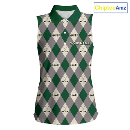 Green Argyle Plaid Pattern Womens Sleeveless Golf Polo Shirts Custom Golf Attire For Ladies, Team Golf Shirt NBT637