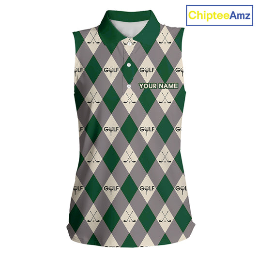 Green Argyle Plaid Pattern Womens Sleeveless Golf Polo Shirts Custom Golf Attire For Ladies, Team Golf Shirt NBT637
