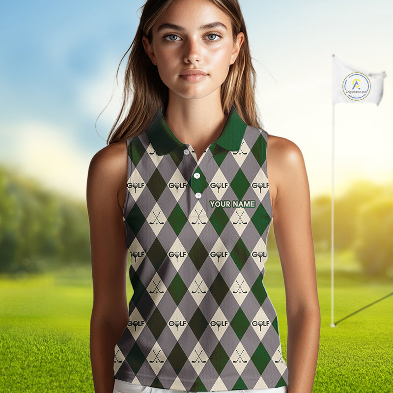 Green Argyle Plaid Pattern Womens Sleeveless Golf Polo Shirts Custom Golf Attire For Ladies, Team Golf Shirt NBT637