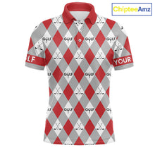Load image into Gallery viewer, Red Argyle Plaid Pattern Mens Golf Polo Shirts Custom Golf Attire For Men, Team Golf Shirt NBT638