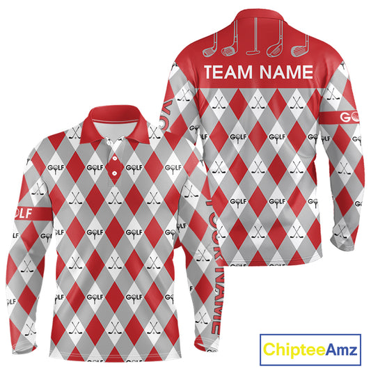 Red Argyle Plaid Pattern Mens Golf Polo Shirts Custom Golf Attire For Men, Team Golf Shirt NBT638