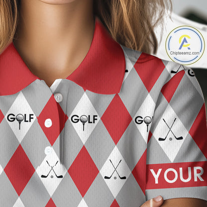 Red Argyle Plaid Pattern Womens Golf Polo Shirts Custom Golf Attire For Ladies, Team Golf Shirt NBT638