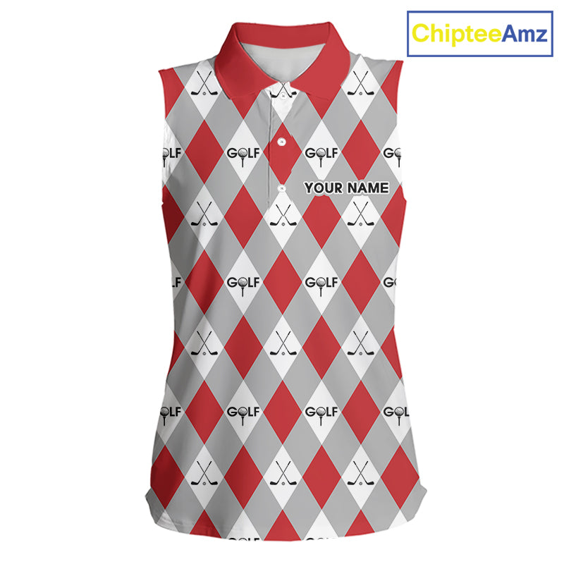 Red Argyle Plaid Pattern Womens Sleeveless Golf Polo Shirts Custom Golf Attire For Ladies, Team Golf Shirt NBT638
