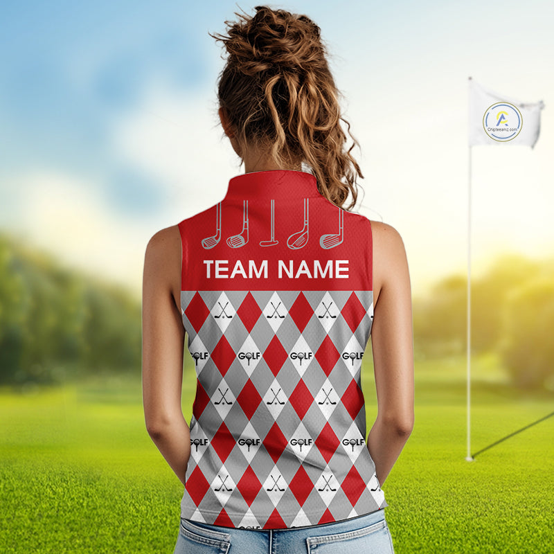 Red Argyle Plaid Pattern Womens Sleeveless Golf Polo Shirts Custom Golf Attire For Ladies, Team Golf Shirt NBT638