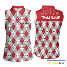 Load image into Gallery viewer, Red Argyle Plaid Pattern Womens Sleeveless Golf Polo Shirts Custom Golf Attire For Ladies, Team Golf Shirt NBT638