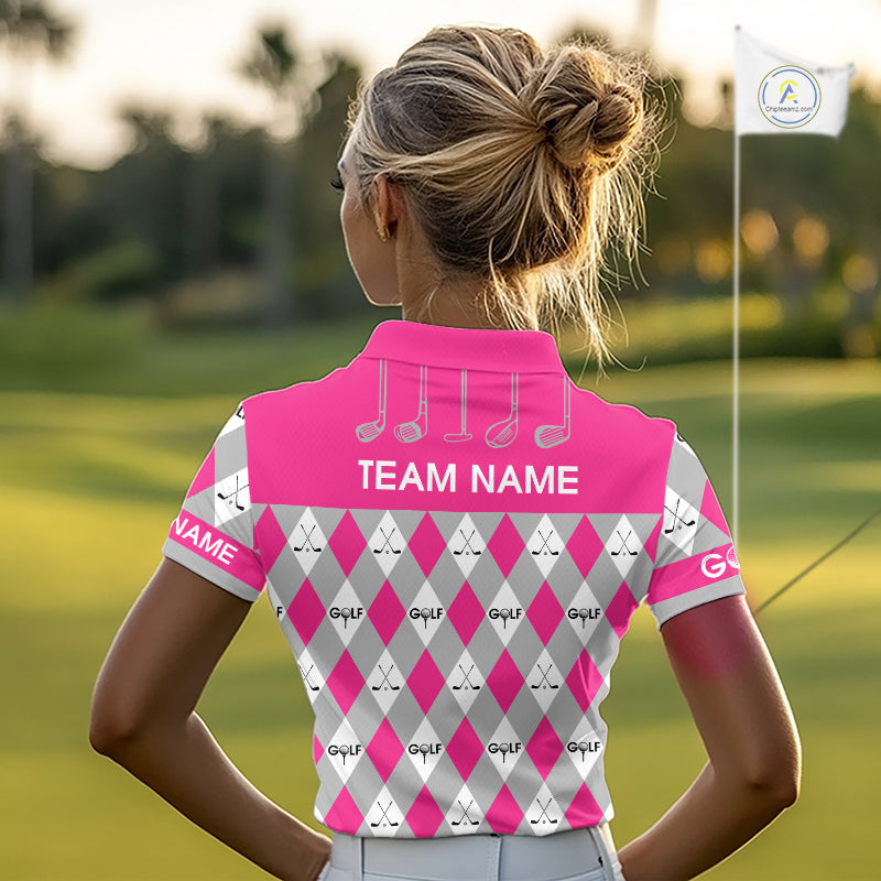 Pink Argyle Plaid Pattern Womens Golf Polo Shirts Custom Golf Attire For Ladies, Team Golf Shirt NBT639