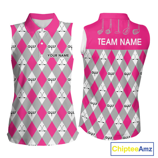 Pink Argyle Plaid Pattern Womens Sleeveless Golf Polo Shirts Custom Golf Attire For Ladies, Team Golf Shirt NBT639