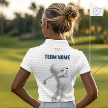 Load image into Gallery viewer, Golfer wearing Custom Name womens golf polo shirt with unique golf ball pattern perfect golf gift for women on the course