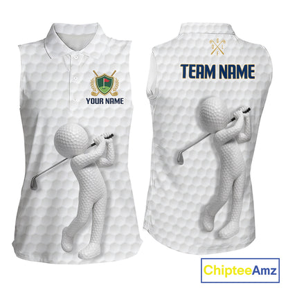 Front and back view Custom Name womens sleeveless golf polo shirt with unique golf ball pattern and personalized design