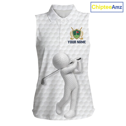 Front view Custom Name womens sleeveless golf polo shirt with unique golf ball pattern and personalized design