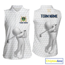 Load image into Gallery viewer, Front and back view Custom Name womens sleeveless golf polo shirt with unique golf ball pattern and personalized design
