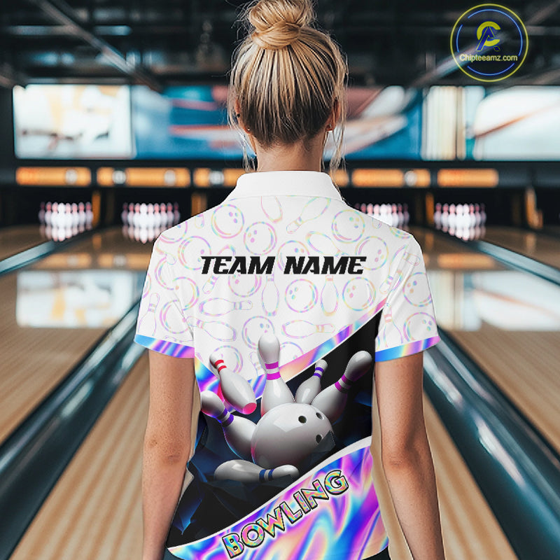 Woman bowler wearing custom neon cosmic bowling team 1/4 quarter zip shirt on the lanes - back view