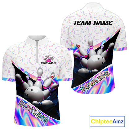 Front and back view of custom neon cosmic bowling quarter zip shirt for men with white zipper