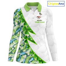 Load image into Gallery viewer, Front view Funny Flamingo green clover pattern white womens long sleeve golf polo shirt St Patrick Day