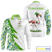 Load image into Gallery viewer, Funny Flamingo Green Clover Pattern White Mens Golf Polo Shirt, Custom St Patrick Day Golf Apparel NBT852
