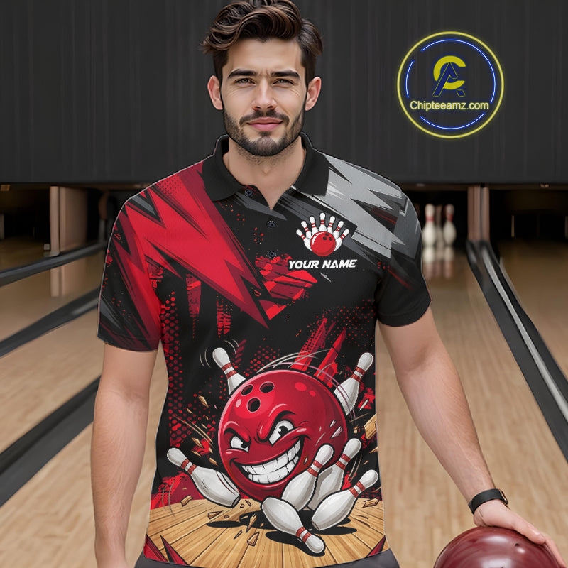 man bowler wearing custom funny bowling ball red team polo shirt on the lanes
