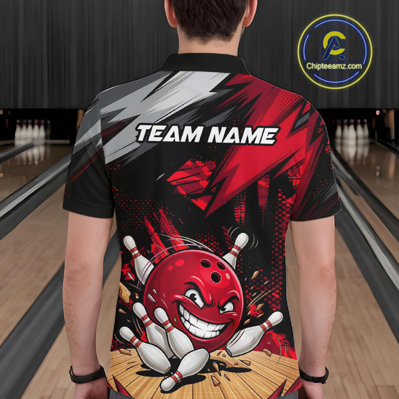 man bowler wearing custom funny bowling ball red team polo shirt on the lanes