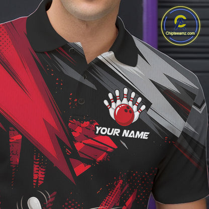 Close-up of custom funny bowling ball men’s polo shirt fabric and collar, red bowling team shirt