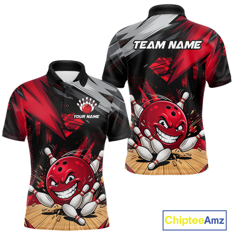 Custom Funny Bowling Ball  Bowling Men Polo & 1/4 Quarter Zip Shirt, Red Bowling Team Shirt NBT929