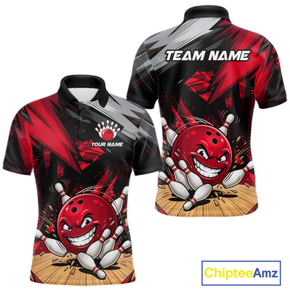 Custom Funny Bowling Ball  Bowling Men Polo & 1/4 Quarter Zip Shirt, Red Bowling Team Shirt NBT929