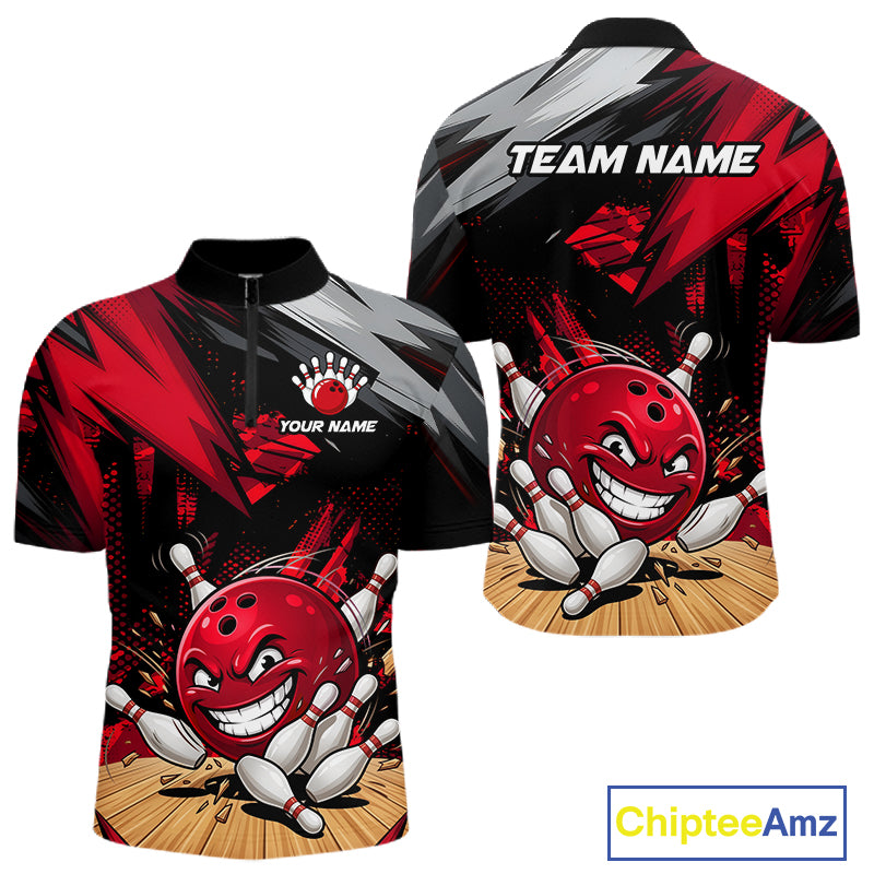 Front and Back view of custom funny bowling ball women’s quarter-zip bowling team shirt in red