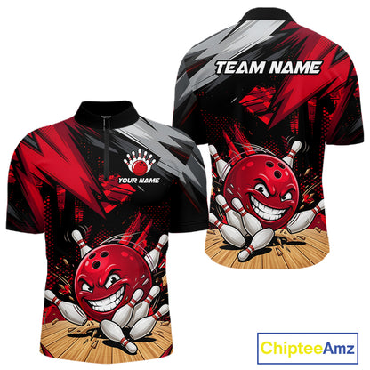 Front and Back view of custom funny bowling ball women’s quarter-zip bowling team shirt in red