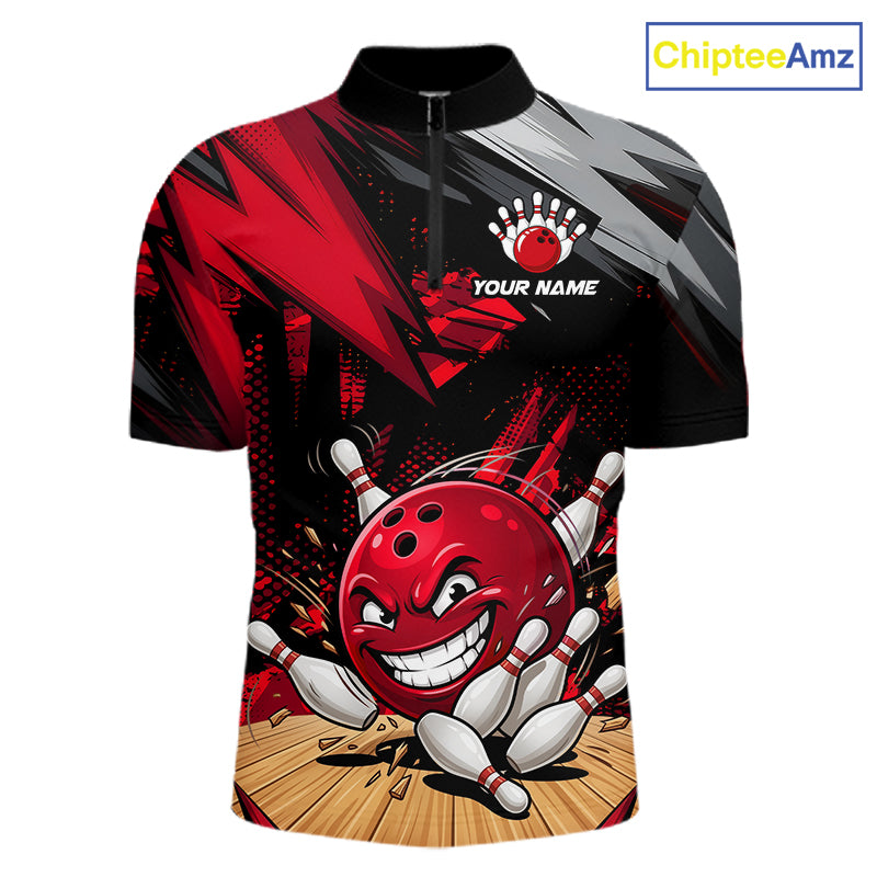 Custom Funny Bowling Ball  Bowling Men Polo & 1/4 Quarter Zip Shirt, Red Bowling Team Shirt NBT929