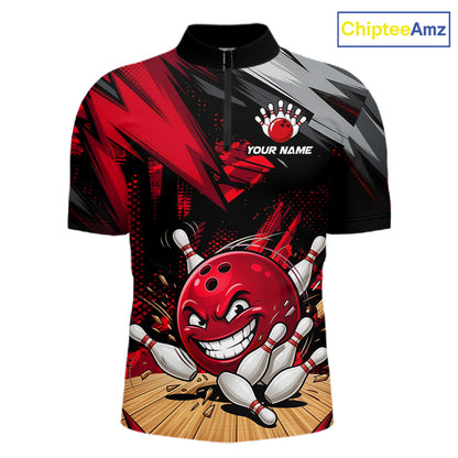 Custom Funny Bowling Ball  Bowling Men Polo & 1/4 Quarter Zip Shirt, Red Bowling Team Shirt NBT929
