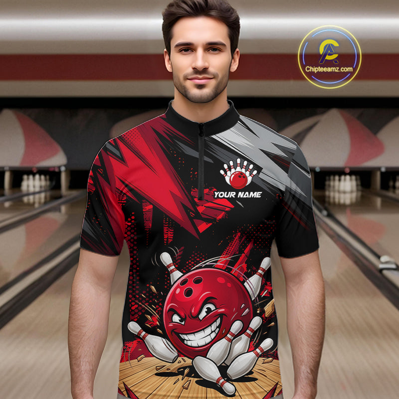 man bowler wearing custom funny bowling ball red team 1/4 quarter zip shirt on the lanes