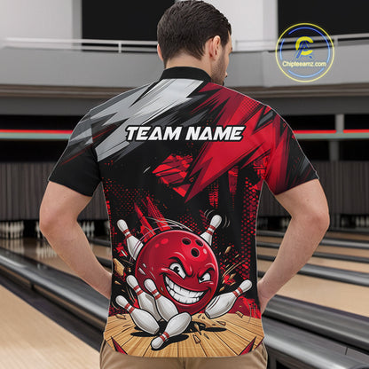 man bowler wearing custom funny bowling ball blue team 1/4 quarter zip shirt on the lanes