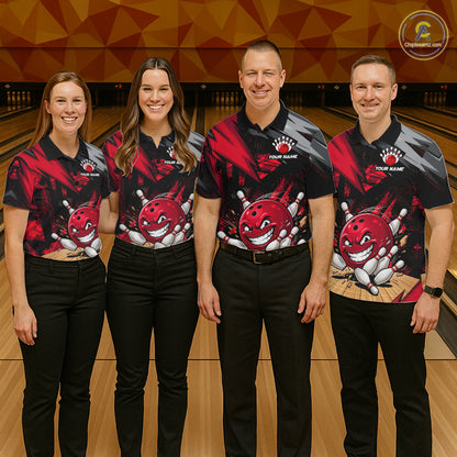 men’s bowling team wearing matching custom funny bowling ball red team shirts with personalized names