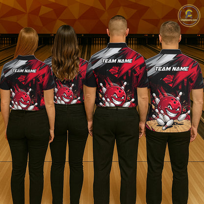 men’s bowling team wearing matching custom funny bowling ball red team shirts with personalized names