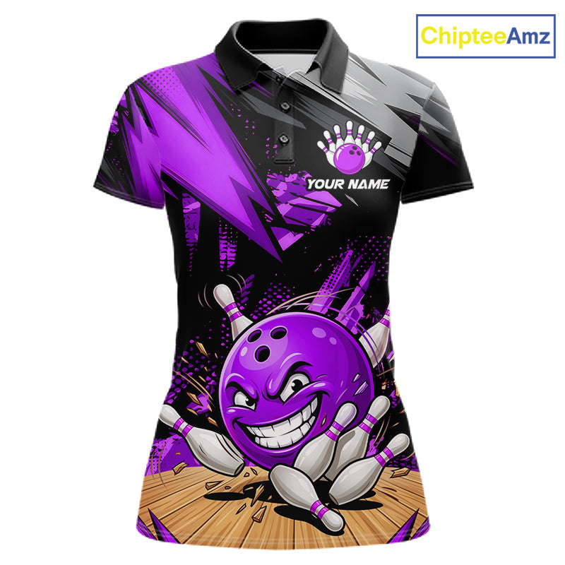 Custom Funny Bowling Ball  Bowling Women Polo & 1/4 Quarter Zip Shirt, Purple Bowling Team Shirt NBT930
