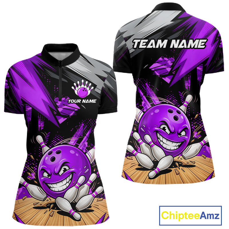 Custom Funny Bowling Ball  Bowling Women Polo & 1/4 Quarter Zip Shirt, Purple Bowling Team Shirt NBT930