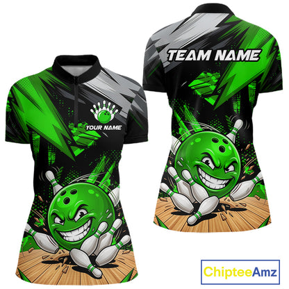 Custom Funny Bowling Ball  Bowling Women Polo & 1/4 Quarter Zip Shirt, Green Bowling Team Shirt NBT931