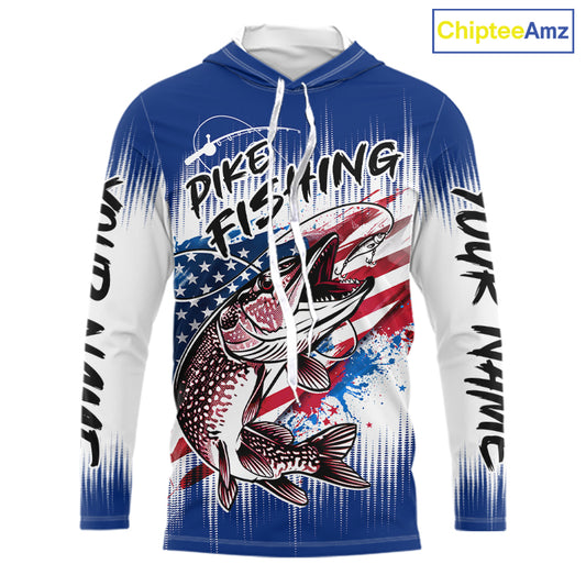 Personalized American Flag Northern Pike Long Sleeve Hooded Fishing Shirts, Patriotic Pike Fishing Jerseys|Blue NBT655