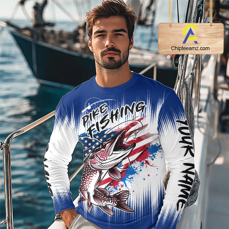 Personalized American Flag Northern Pike Fishing Shirts Long Sleeve, Patriotic Pike Fishing Jerseys|Blue NBT655