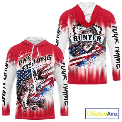 Personalized American Flag Northern Pike Long Sleeve Hooded Fishing Shirts, Patriotic Pike Fishing Jerseys|Red NBT656