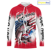 Load image into Gallery viewer, Personalized American Flag Northern Pike Long Sleeve Hooded Fishing Shirts, Patriotic Pike Fishing Jerseys|Red NBT656