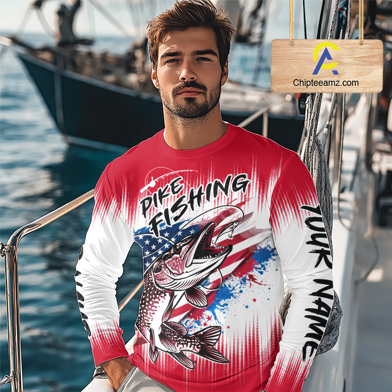 Personalized American Flag Northern Pike Fishing Shirts Long Sleeve, Patriotic Pike Fishing Jerseys|Red NBT656