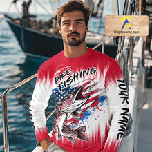 Load image into Gallery viewer, Personalized American Flag Northern Pike Fishing Shirts Long Sleeve, Patriotic Pike Fishing Jerseys|Red NBT656