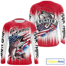 Load image into Gallery viewer, Personalized American Flag Northern Pike Fishing Shirts Long Sleeve, Patriotic Pike Fishing Jerseys|Red NBT656