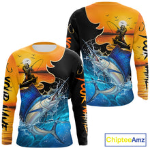 Load image into Gallery viewer, Long sleeve fishing shirt with sailfish design and sunset scene