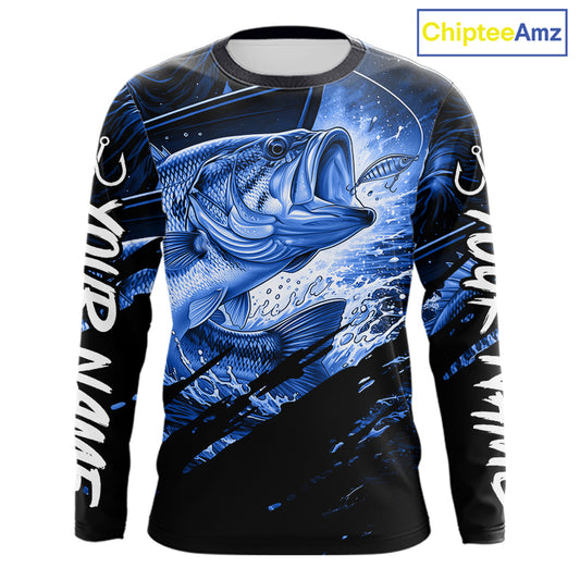 Long sleeve fishing shirt with blue bass fish design on a black background