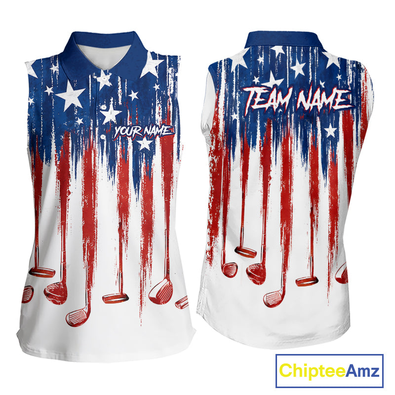 Personalized American Flag Golf White Womens Sleeveless Golf Polo Shirts Custom Name Golf Gifts For Ladies NBT659