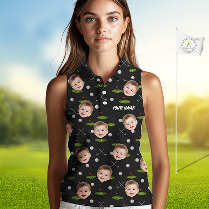Personalized Face & Name Sleeveless Golf Polo Shirt For Women, Best Mom Golf Shirt, Mother's Day Gift Polo|Black NBT662